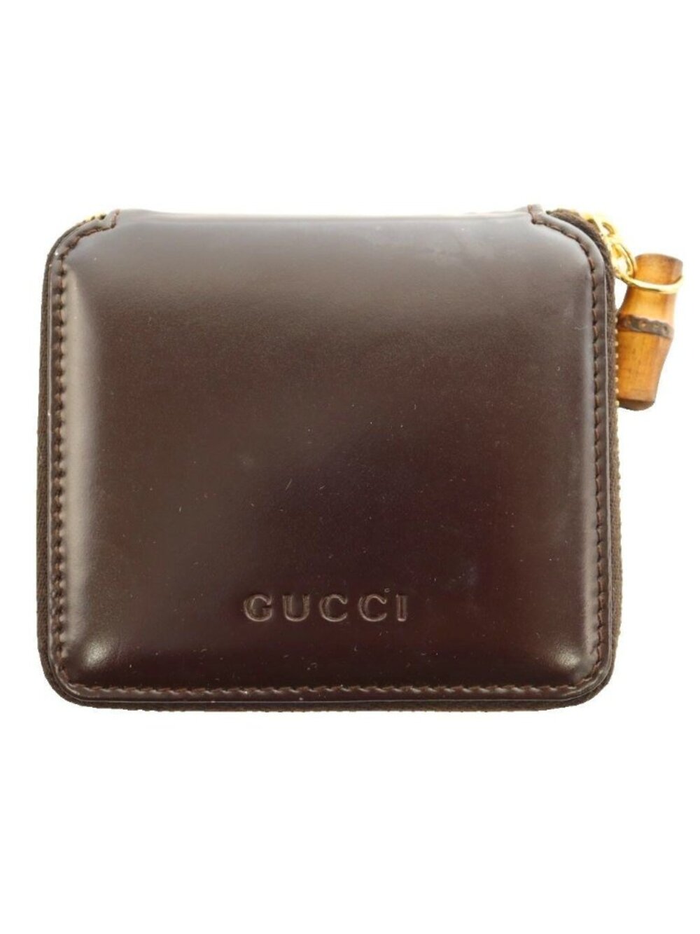 Gucci Bifold Wallet Compact Coin Purse Zip Around Bumpy Handle Leather Brown SS